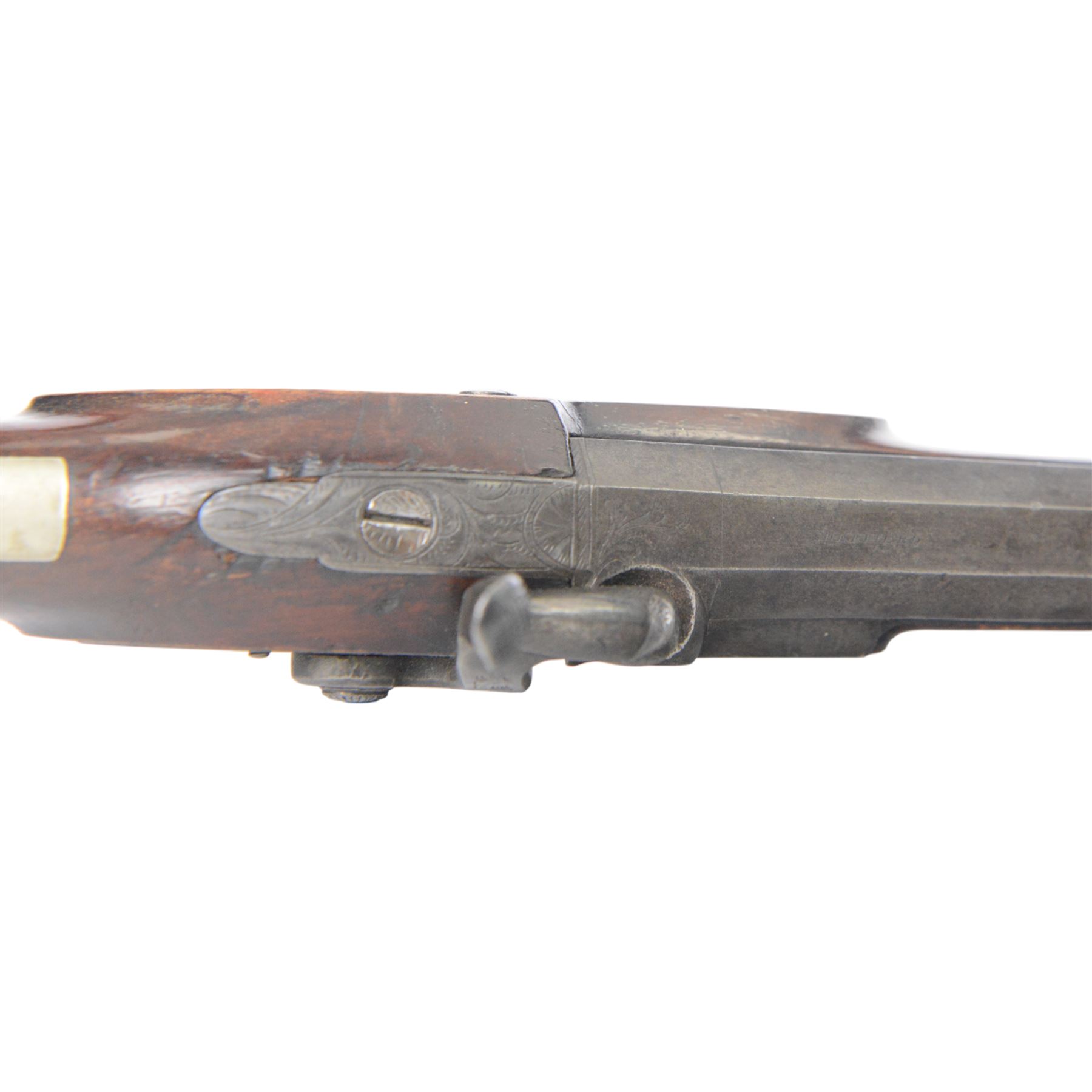 Holster pistol, by Stacey of Sheffield, with 7.5 in smoothbore octagonal barrel, lock marked Stacey, the walnut stock with vacant wrist cartouche and captive ramrod, overall L35cm 