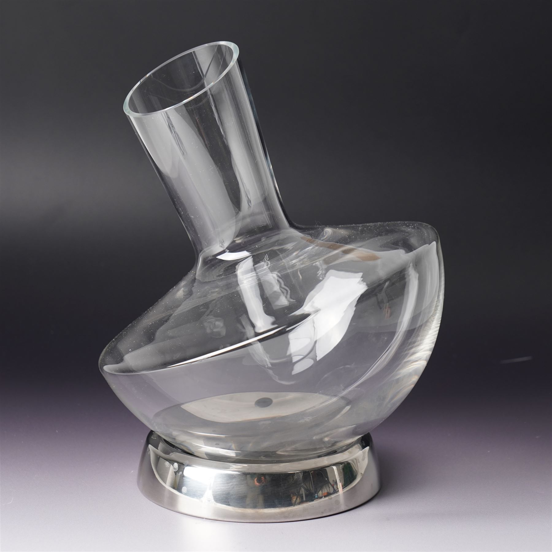 WMF glass decanter, designed by Jette Joop, on steel stand, boxed, H23cm; Tiffany & Co glass candlestick, marked to base, H18cm (2)