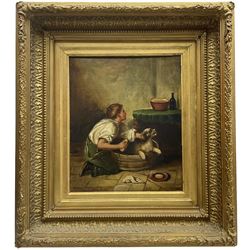 English School (20th Century): Young Boy washing a Dog, oil on canvas unsigned 29cm x 24cm 