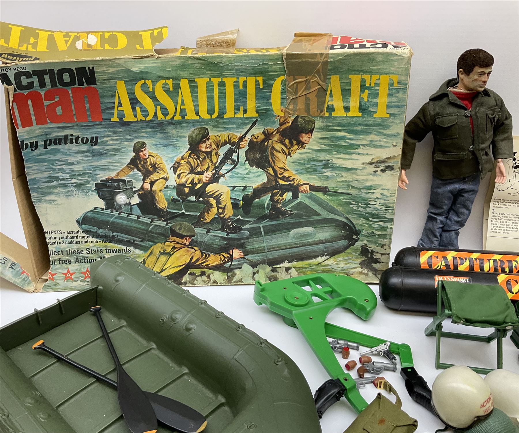 Action Man - one figure, boxed Assault Craft, dismantelled  Capture Copter, two bags of equipment and accessories etc