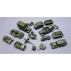  Dinky - nine unboxed and playworn early military vehicles including six-wheeled covered wagon, small tank with chain tracks and revolving turret, US jeep, Field Artillery Tractor, Anti-aircraft Gun on Trailer, field gun etc, and quantity of vehicle parts etc  