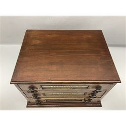 Victorian oak three drawer tabletop haberdashery chest advertising Morris Yeomans' Needles and Co, H27cm, L36cm