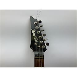 Ibanez left-handed cut-away electric guitar in black gloss with natural maple neck, model: GRX170LH, serial no.030114440, L98cm; in Stagg hard carrying case; together with Carlsbro Scorpion Lead amplifier (2)