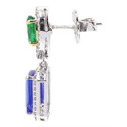 Pair of 18ct white gold emerald cut tanzanite, oval emerald and diamond cluster, pendant stud earrings, total emerald weight 1.65 carat, total tanzanite weight approx 5.30 carat