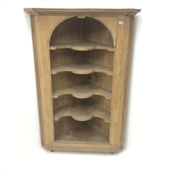  Georgian pine corner shelf, projecting cornice with dentil frieze, arched aperture with four shaped shelves, W100cm, H150cm, D58cm  