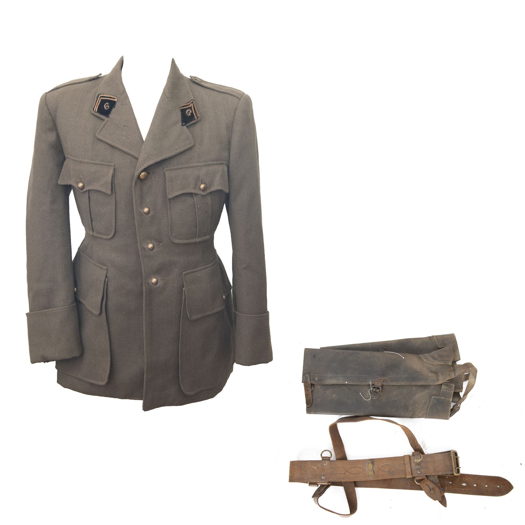 1940 French 6th Genie (engineers) officer's tunic, together with pair of M16 leather Jambieres D'Hommes officers gaiters and French Sam Browne style belt and cross strap 