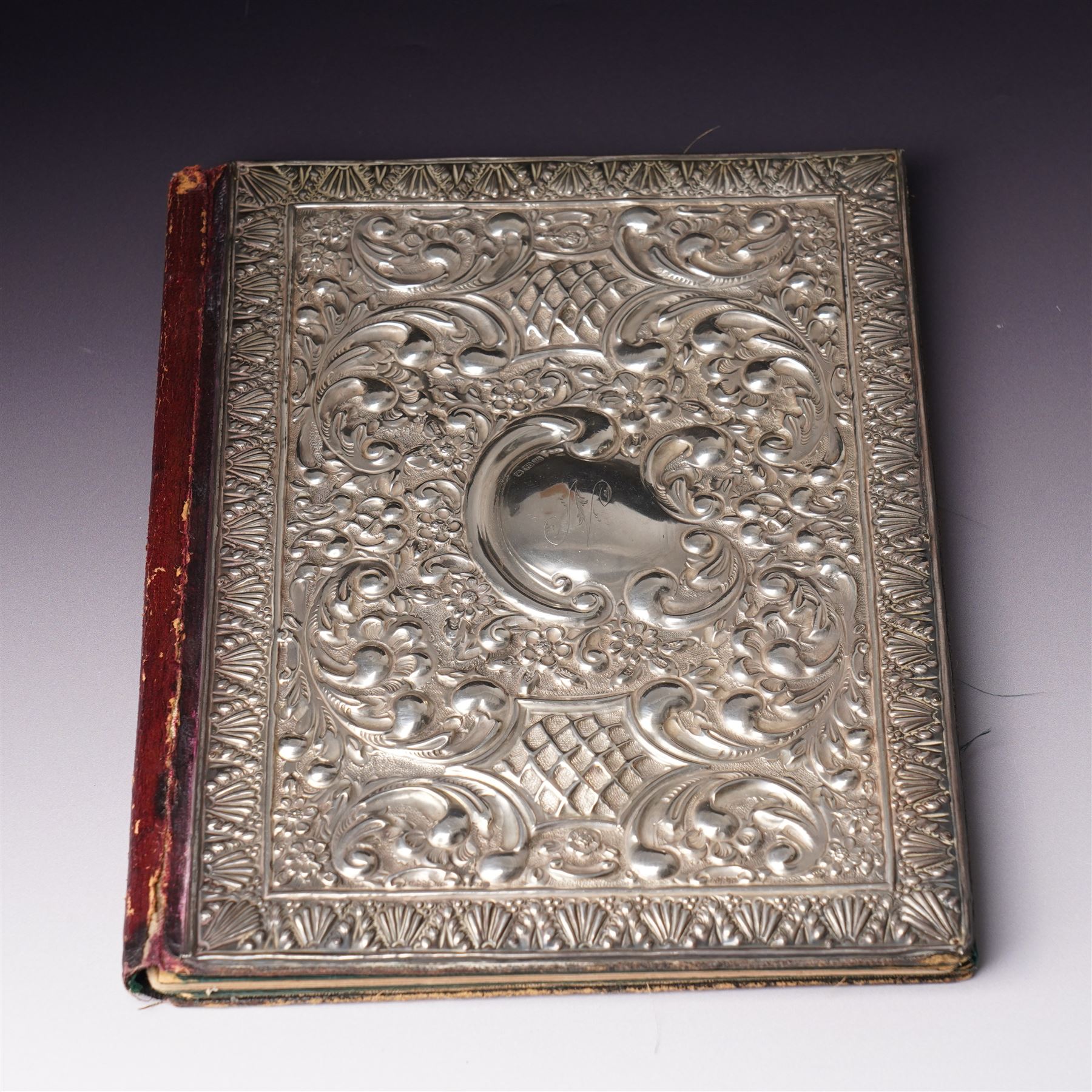 Edwardian silver folding desk blotter with watered silk interior and embossed decoration engraved with initial 'N' 27cm x 20cm Sheffield 1904 Maker Walker & Hall