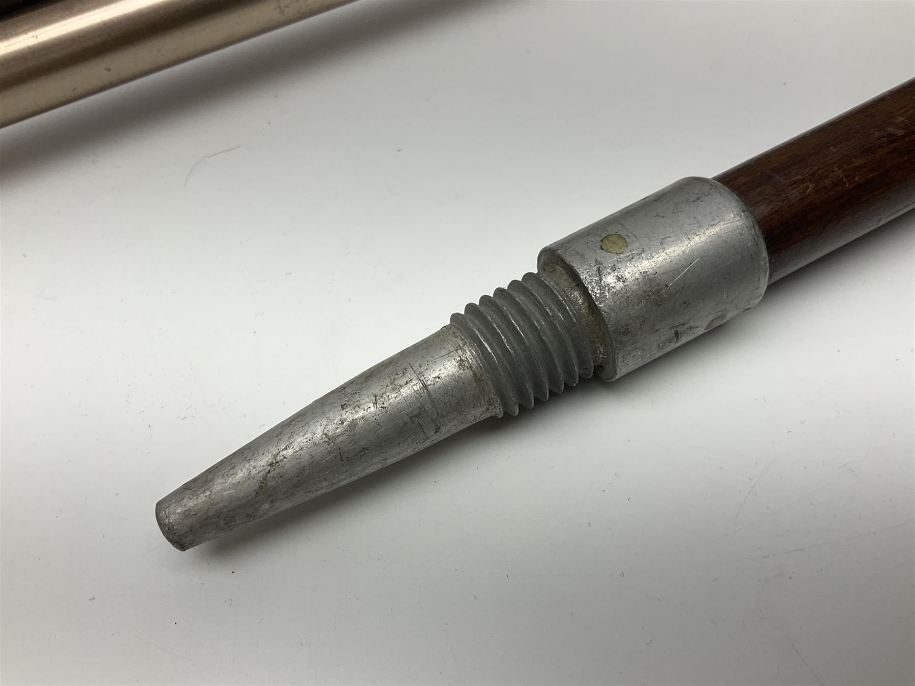 Early 20th century curved horn handle walking stick with hallmarked silver mounts, engraved L Russell 1918, together with a shooting stick by William Mills Birmingham, with leather handle, 'The Featherwaite' shooting stick and an umbrella with wooden handle