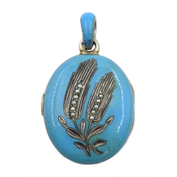 19th century silver and silver-gilt blue enamel and split pearl, wheat design locket pendant