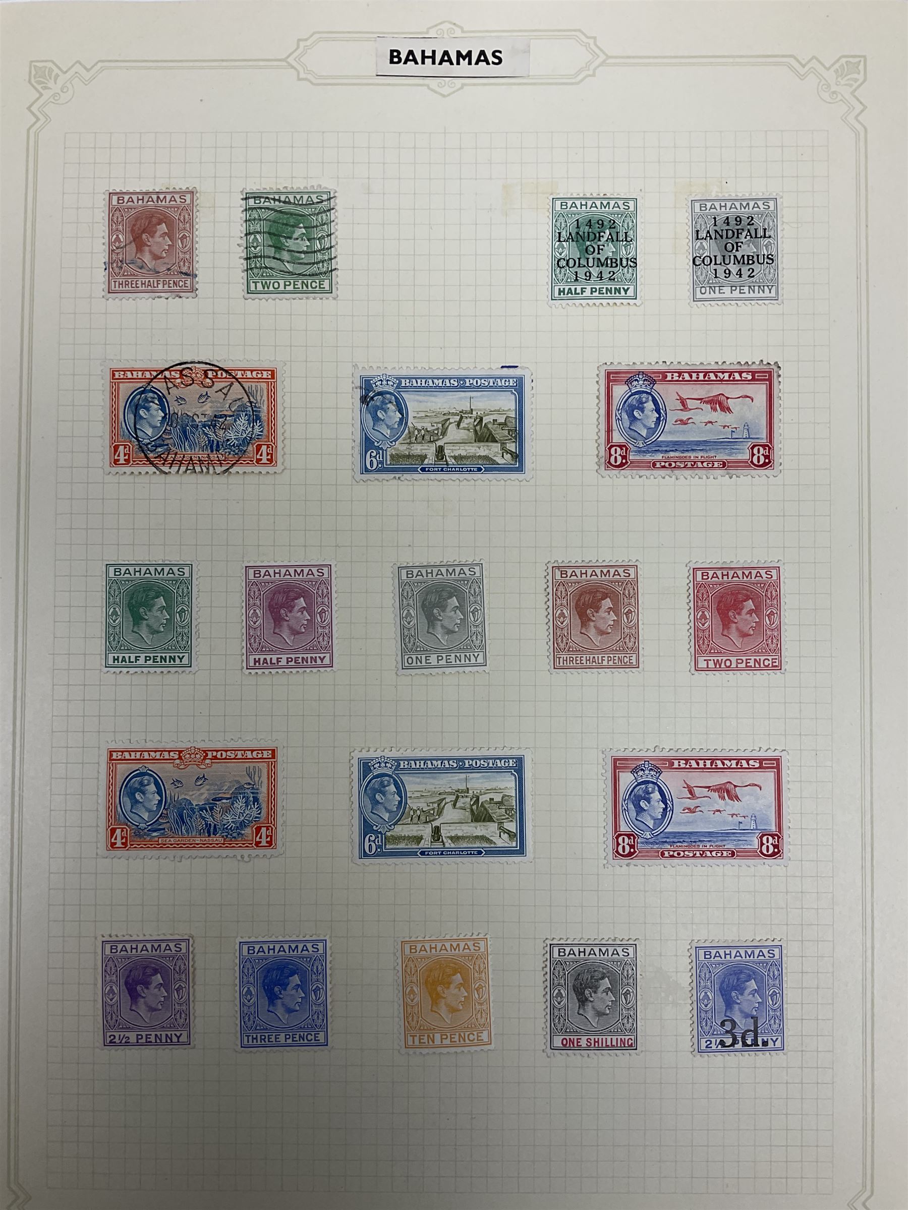 Antigua Queen Victoria and later stamps, including War stamp overprints etc and Bahamas Queen Victoria and later stamps, including Crown Colony, War Charity and other overprints etc, housed on pages