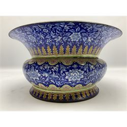 Pair of 19th century painted enamel jardinieres, of squat gu form, decorated with scrolling foliate bands, between stiff leaf and lobed borders upon a cobalt blue ground, H5cm D30cm
