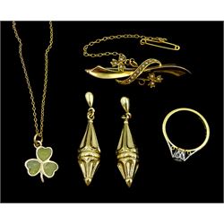 Gold shamrock pendant necklace, pair of gold Victorian style pendant stud earrings and a gold seed pearl bar brooch, all 9ct and an 18ct gold single stone white sapphire ring