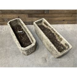 Ornate cast stone rectangular garden planter, lion mask and swag detail, and s similar planter (2)