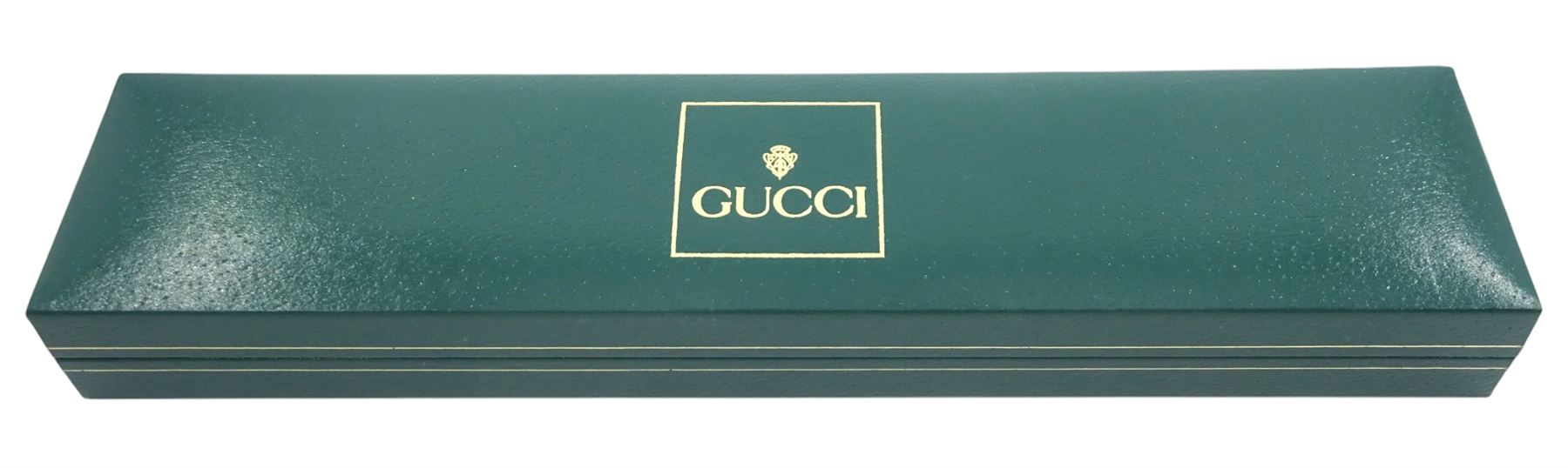 Gucci ladies gold-plated quartz wristwatch, Ref. 2600 L, silvered and green dial, on original green leather strap with gilt buckle, boxed