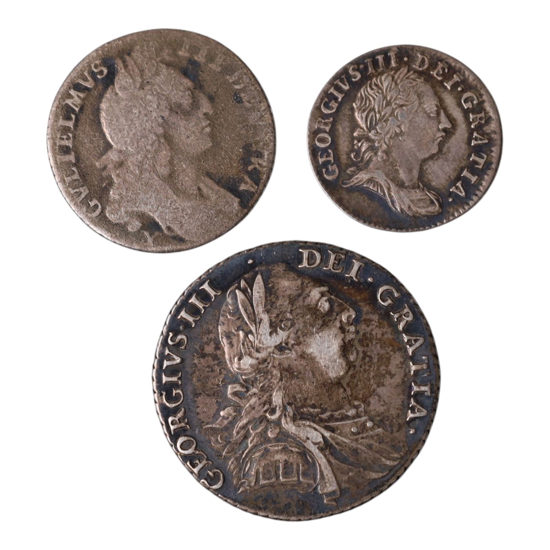 George III 1787 silver one shilling coin, William III silver sixpence (date rubbed), and George III 1762 silver threepence (3)