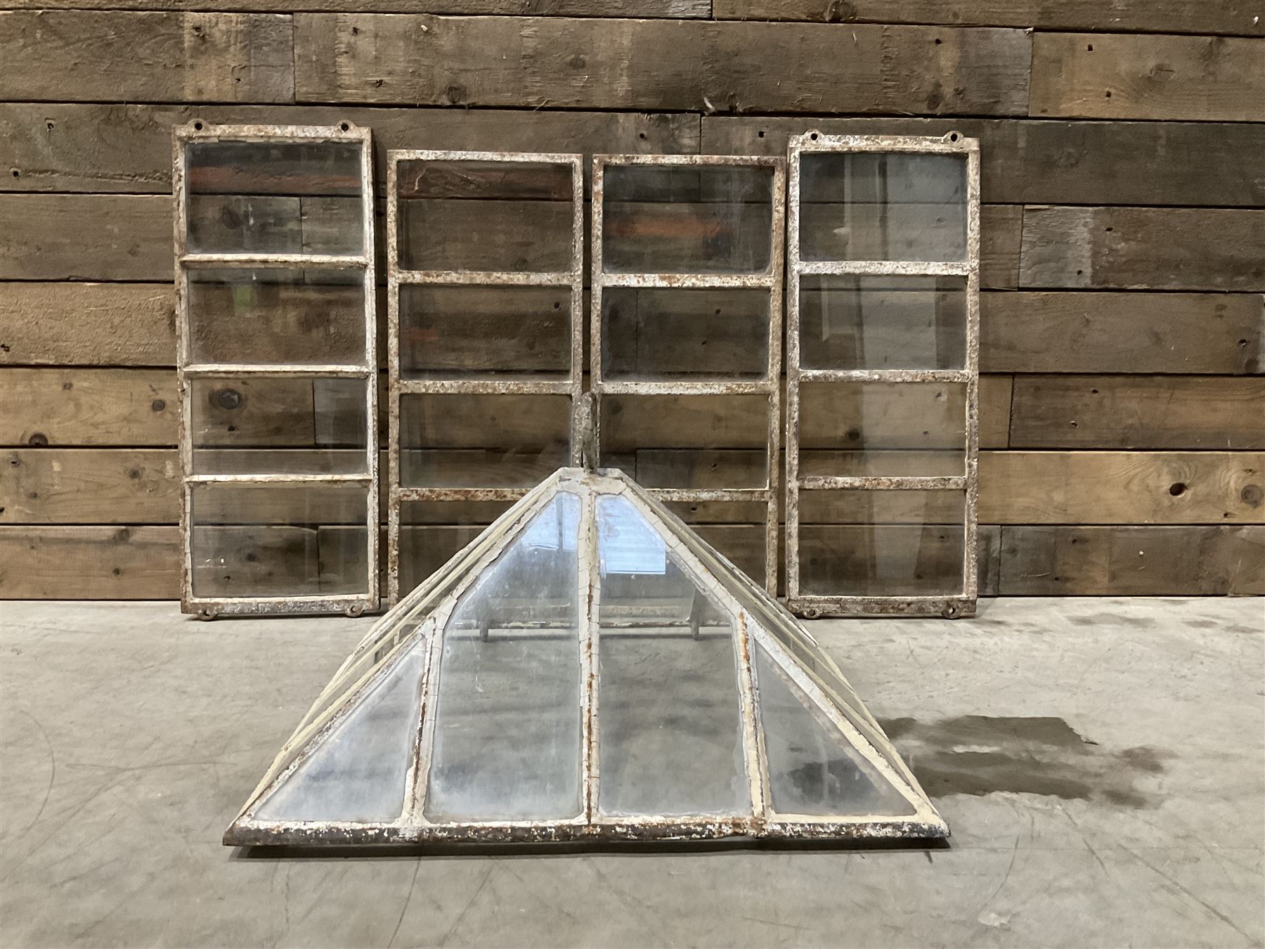 Victorian painted iron framed square garden cloche lantern, with associated sides (larger than the top piece), no fittings