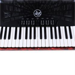 Hohner Bravo III accordion, with 96 bass buttons, pearlescent red case, with Hohner soft carry case and a Microvox microphone