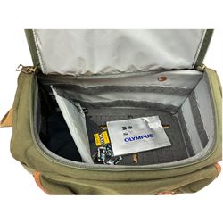 Zenza Bronica S2A medium format camera body, with Nikkor-P '1:2.8 f-75mm' lens, Zenza Bronica Zenzanon MC '1:3.5 f-150mm lens, Zenza Bronica Tele-Converter-E 2x, and two additional film cases. in a Billingham camera bag