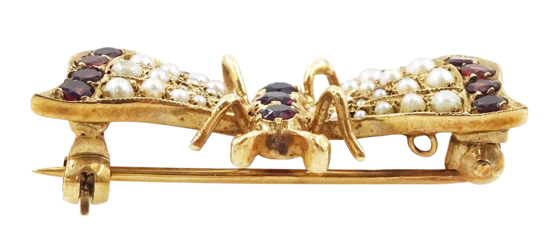 9ct gold garnet and split pearl butterfly brooch, hallmarked