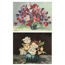 Paul Ehretsmann (Continental 20th Century): Still Life of Flowers in a Blue Vase, oil on canvas signed; D'Artois (French 20th Century): Still Life of a Bouquet, oil on board signed max 25cm x 34cm (2)