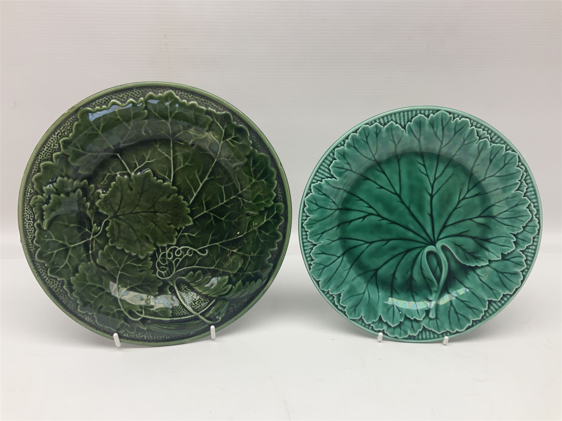 Wedgwood majolica leaf plate, together with another similar and together with a Dresden figure, etc 