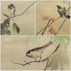 Watanabe Seiti (Japanese 1851-1918): Sparrows and Birds on Branches, set three colour woodblock prints unsigned, labelled and dated c.1905 verso 18cm x 25cm (3)