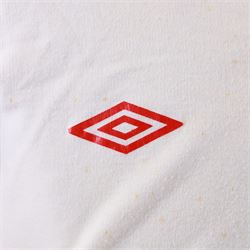 1960s Scarborough FC long sleeved football shirt, all white with red cuffs and collar, red umbro logo, stitched red SFC logo and red number 13 to back, with Umbro International label inside collar