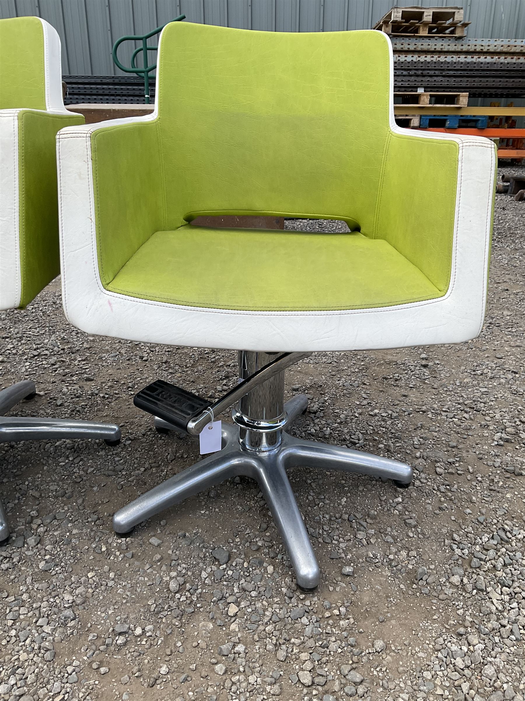 Salon Equipment - Set of four green and white faux leather hydraulic styling salon chairs - THIS LOT IS TO BE COLLECTED BY APPOINTMENT FROM DUGGLEBY STORAGE, GREAT HILL, EASTFIELD, SCARBOROUGH, YO11 3TX
