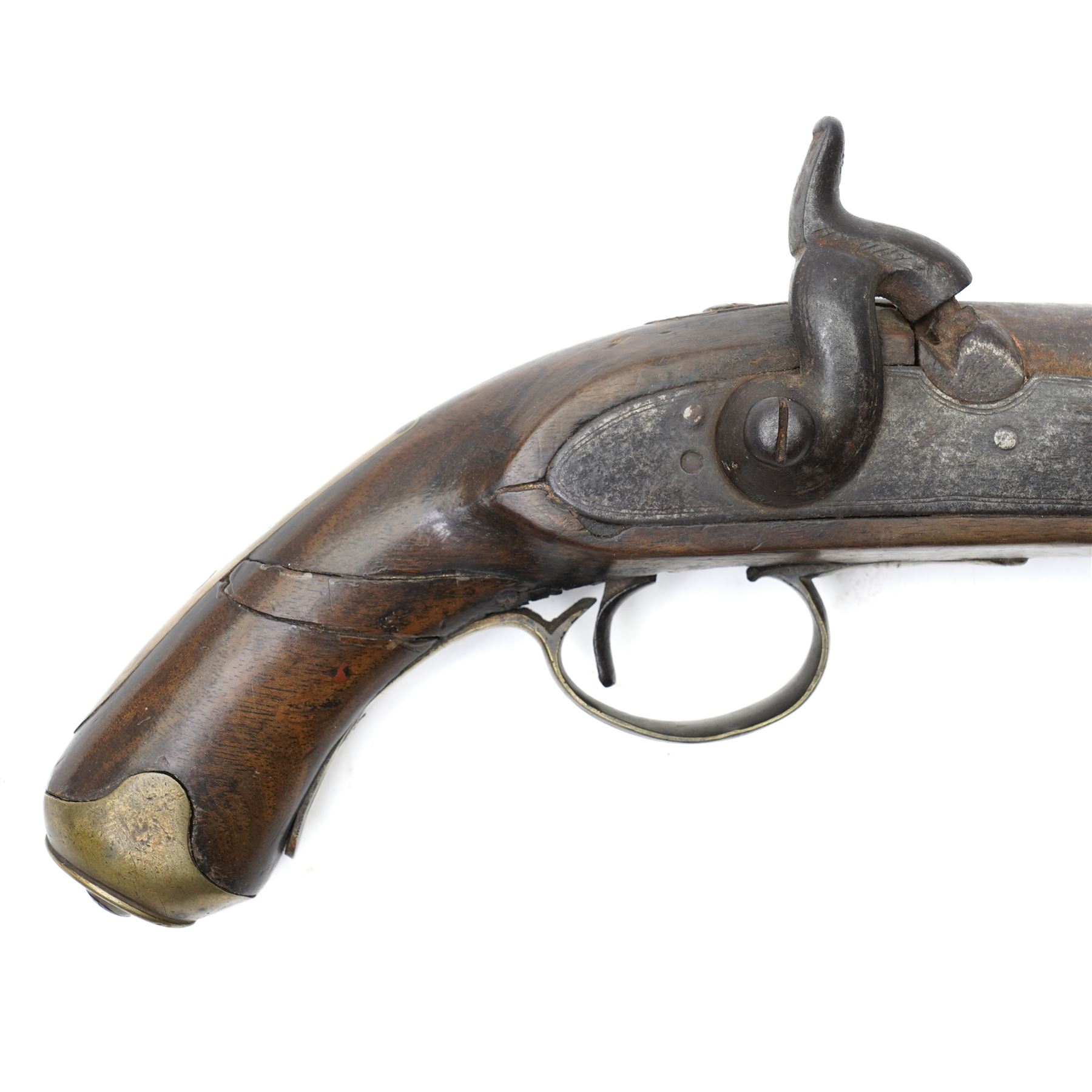 Victorian regulation issue percussion pistol with plain lock and brass mounted stock, overall length 40cm