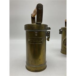 Pair of miners lamps, The Ceag Inspection Lamp, by Ceag Ltd, Barnsley, Yorks, 309721/28, brass body,  with turned wooden handles, H24cm