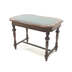 19th century walnut table, the canted moulded top with leather insert, four turned supports connected by H stretcher, on turned feet, 108cm x 70cm, H75cm