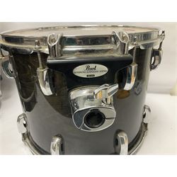 Pearl Vision SST Birch Ply shell four-piece drum kit in black comprising bass drum with foot pedal and three graduated toms; together with Pearl Custom Alloy Sensitone steel snare drum, drum and cymbal stands, microphone stand, stool and various drum sticks 
