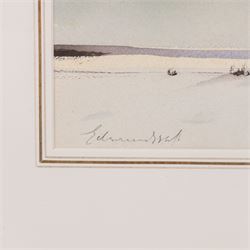 Edward Seago RWS RBA (British 1910-1974): Farmer with Dog in Winter Landscape, watercolour signed in pencil, later title verso 25cm x 36.5cm