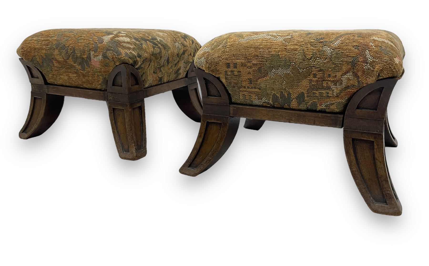 Pair of early 20th century miniature footstools, square seat covered in gold and orange floral patterned tapestry fabric, on carved wooden frame with splayed supports 