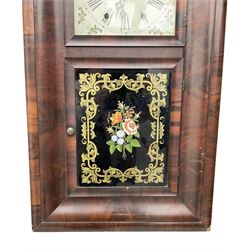 American - 19th century mahogany veneered 8-day ogee shelf clock, rectangular case with two glazed doors to the front, decorative glass tablet to the lower door with a depiction of flowers on a black background with a gold border, painted dial with Roman numerals, minute track, floral spandrels and Maltese cross steel hands, two train weight driven movement, striking the hours on a coiled gong. With the original Jerome trade label pasted on the inner back board of the case.