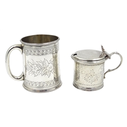 Victorian silver mustard pot bright cut decoration by William Evans, London 1865 and silver mug, bright cut decoration by Mappin & Webb, Sheffield 1890, approx 7.2oz   