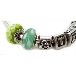  Two silver Pandora charm bracelets, each with eight Pandora charms, all stamped 925 ALE  