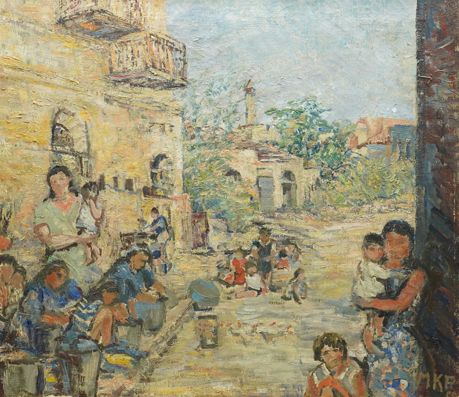 Margaret Kroch Frishman (student of Oskar Kokoshka) (German 1897-1972): 'Jerusalem - Israel - Jordan Border', oil on canvas signed with monogram MKF and dated '55, inscribed on label verso 56cm x 63cm