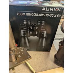 Two Services pocket watches, pair of Auriol Zoom binoculars 10-30 x 60, Sunagor Mini-Pocket binoculars, all boxed, Russian Baigish 8 x 30 binoculars, Oregon 4 binoculars, other binoculars, Prinz Galaxy lens and a Leitz Wetzlar microscope