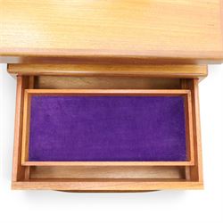 G-Plan - ‘Fresco’ teak dressing table, rectangular top with raised rectangular mirror, fitted with four drawers arranged as twin pedestals with sculpted handles, central knee-hole, on tapering supports