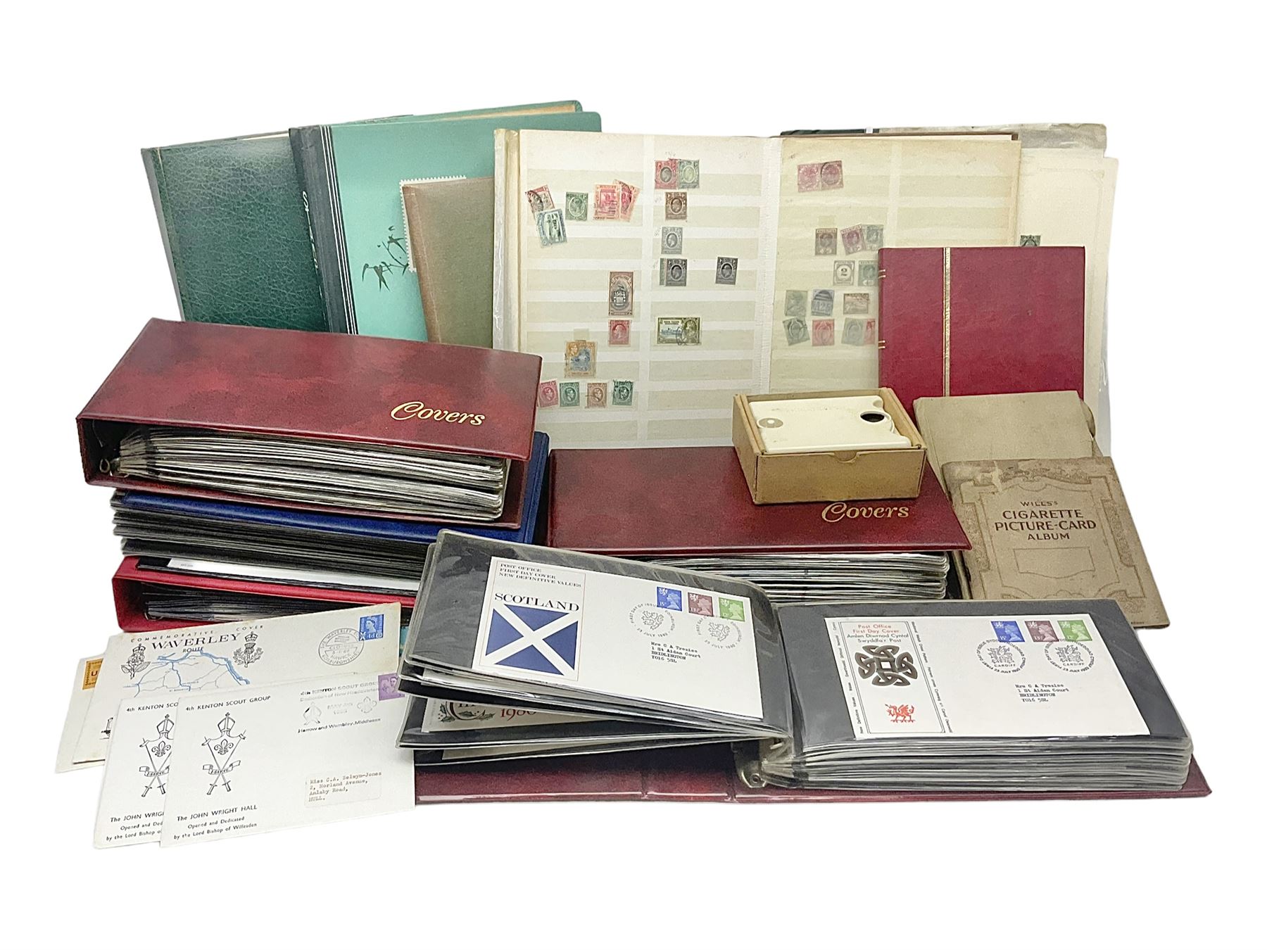Queen Elizabeth II Great British first day covers with special postmarks and printed addresses, other covers, QEII used postage stamps, Basutoland, Southern Nigeria and other world stamps, housed in various albums, stockbooks, folders and loose, in one box