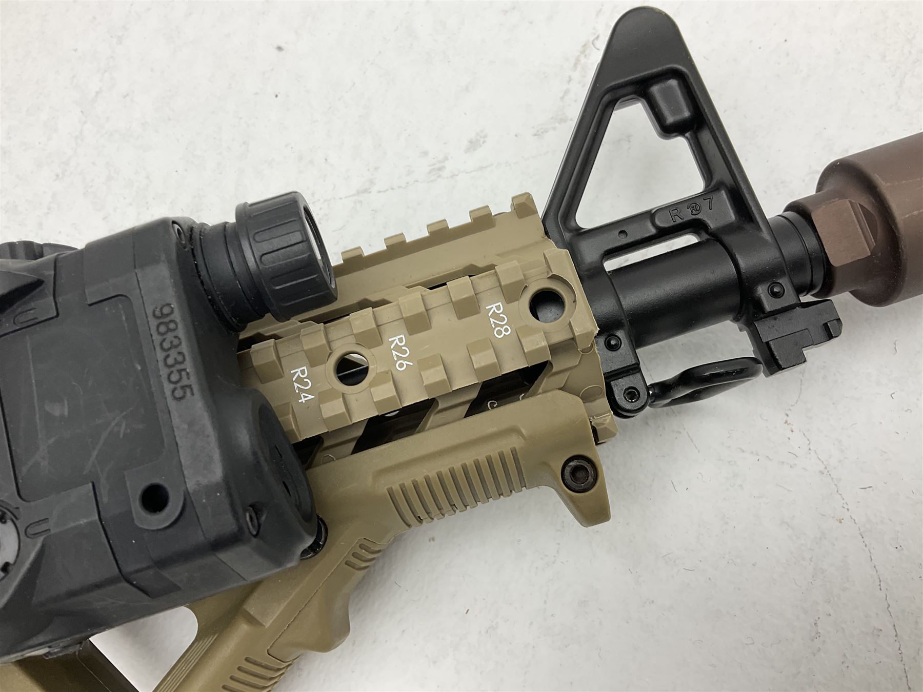 Combat Machine lithium battery powered airsoft BB rifle, 'Complete AEG Series' to fire 5mm pellets, with adjustable length stock L69cm non-extended; with six magazines, Trijicon ACOG red dot telescopic sight, battery charger etc (NO BATTERIES)