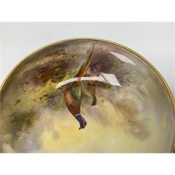 1938 Royal Worcester circular pedestal pin dish, decorated with pheasants in a landscape by James Stinton, with printed mark beneath, D10.5cm
