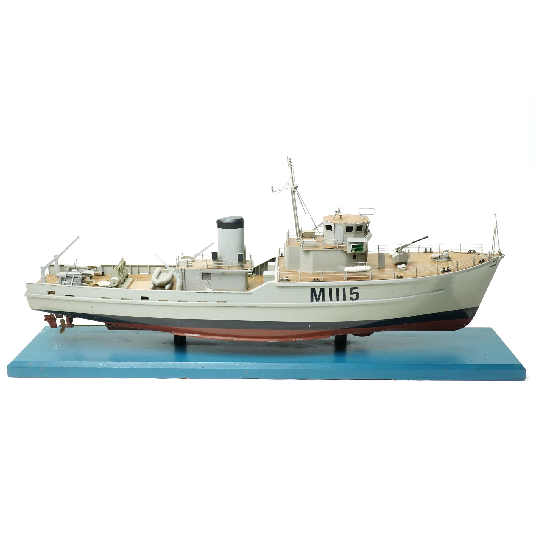 Scale built wooden model of the minesweeper HMS Bronington M1115 on wooden base, under the command of HRH Prince Charles in 1976 L104cm with booklet and drawings
