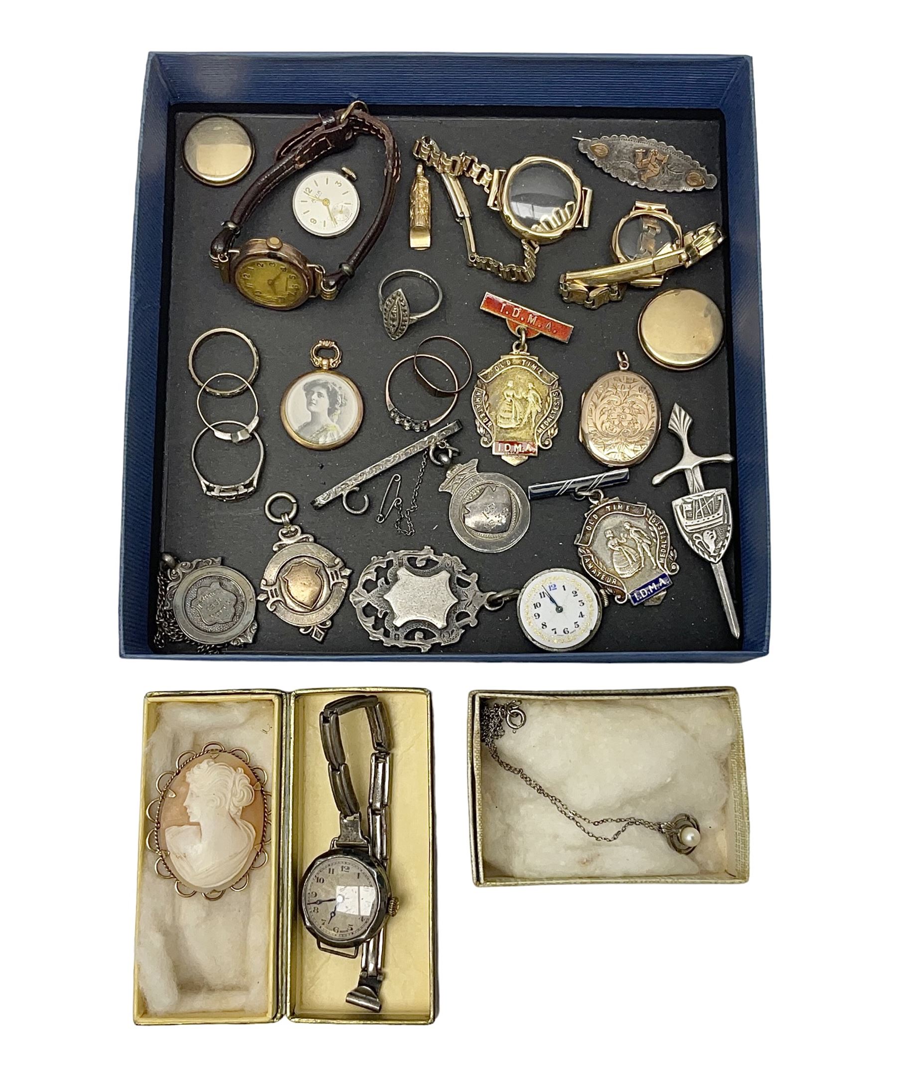 Victorian and later 9ct gold jewellery including glazed photo pendant, three gold cased wristwatches, signet ring and a cameo brooch, all hallmarked and silver jewellery including fobs, wristwatch, brooches and rings etc 