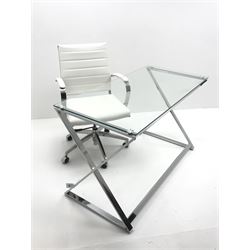 Chrome 'X' framed desk with rectangular glass top (W121cm, H75cm, D60cm) and matching chrome and faux leather swivel chair (W58cm)