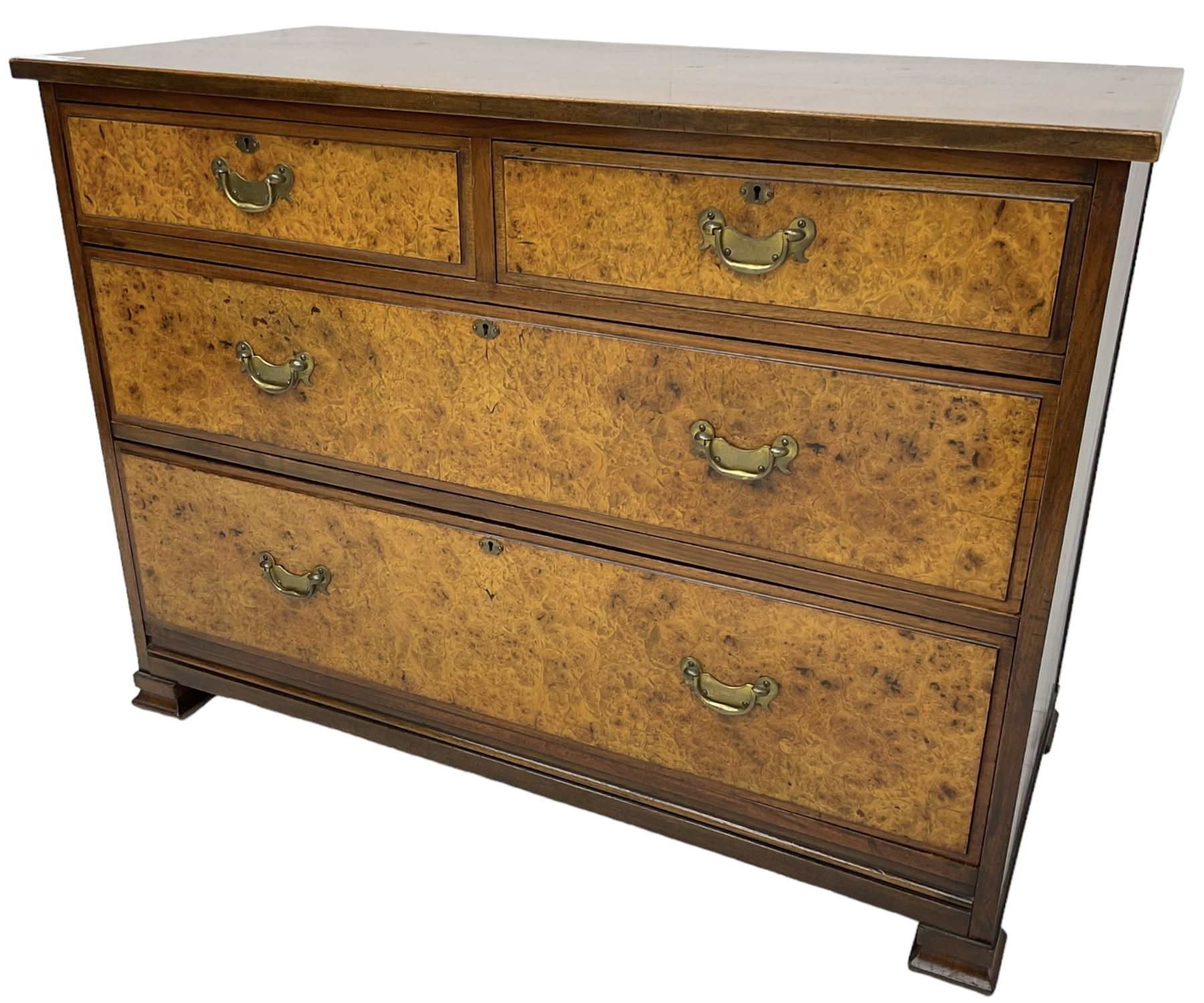 Late Victorian walnut straight-front chest, fitted with two short over two long figured drawers, on ogee rectangular feet