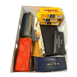 Platignum Elite fountain pen, boxed, other boxed pens, and a collection of drawing instruments and slide rules, including Rabone examples
