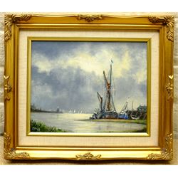 Jack Rigg (British 1927-): 'Storm Ahead' - Boats Moored in an Estuary, oil on board signed 20cm x 25cm