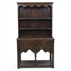 Titchmarsh & Goodwin - Georgian design compact dresser and plate rack, with moulded cornice, above two grooved shelves, above a dresser base with  two short over three small drawers, raised on stile feet united by an undertier